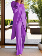 Load image into Gallery viewer, Full Size Slit Round Neck Long Sleeve Top and Pants Set