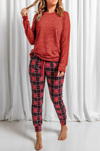 Load image into Gallery viewer, Round Neck Top and Drawstring Plaid Pants Lounge Set