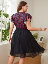 Load image into Gallery viewer, Plus Size Floral Surplice Neck Flutter Sleeve Dress