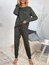 Load image into Gallery viewer, Round Neck Top and Drawstring Pants Lounge Set