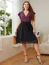 Load image into Gallery viewer, Plus Size Floral Surplice Neck Flutter Sleeve Dress