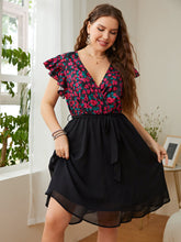 Load image into Gallery viewer, Plus Size Floral Surplice Neck Flutter Sleeve Dress