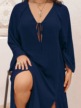 Load image into Gallery viewer, Plus Size Tie Neck Long Sleeve Slit Dress
