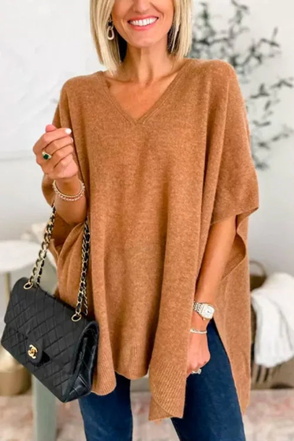 Slit V-Neck Half Sleeve Knit Top