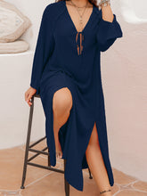 Load image into Gallery viewer, Plus Size Tie Neck Long Sleeve Slit Dress
