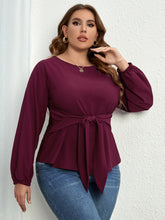 Load image into Gallery viewer, Plus Size Round Neck Tie Waist Long Sleeve Blouse
