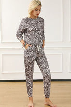 Load image into Gallery viewer, Leopard Round Neck Top and Drawstring Pants Lounge Set
