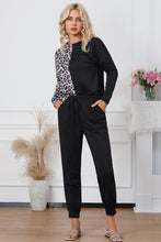 Load image into Gallery viewer, Leopard Round Neck Top and Drawstring Pants Lounge Set
