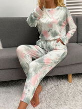 Load image into Gallery viewer, Tie-Dye Round Neck Top and Drawstring Pants Lounge Set
