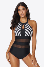 Load image into Gallery viewer, Striped Cutout Spliced Mesh Halter Neck One-Piece Swimsuit
